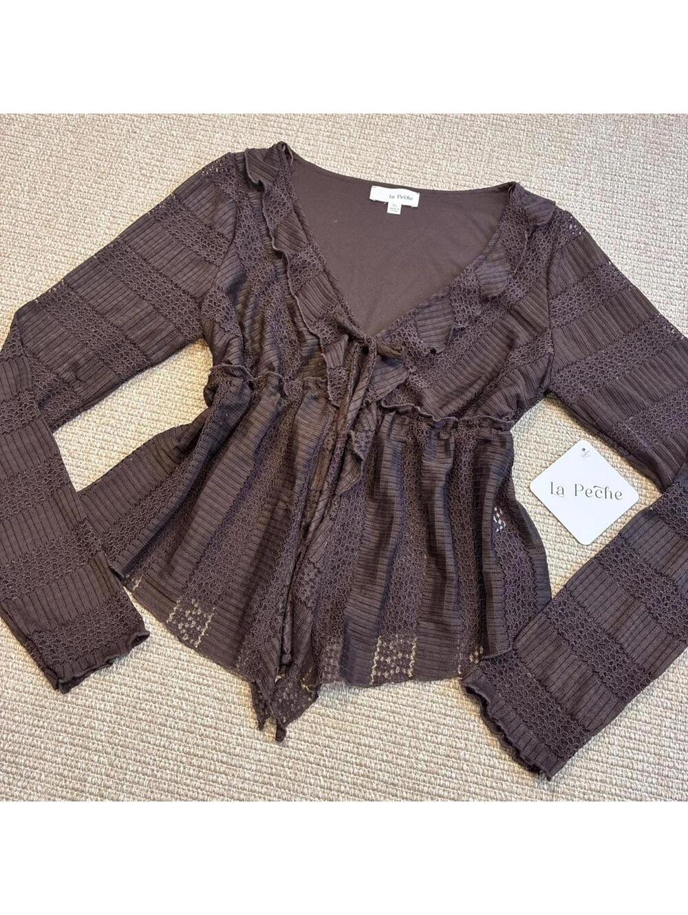 brown lace long sleeve babydoll cardigan size xl